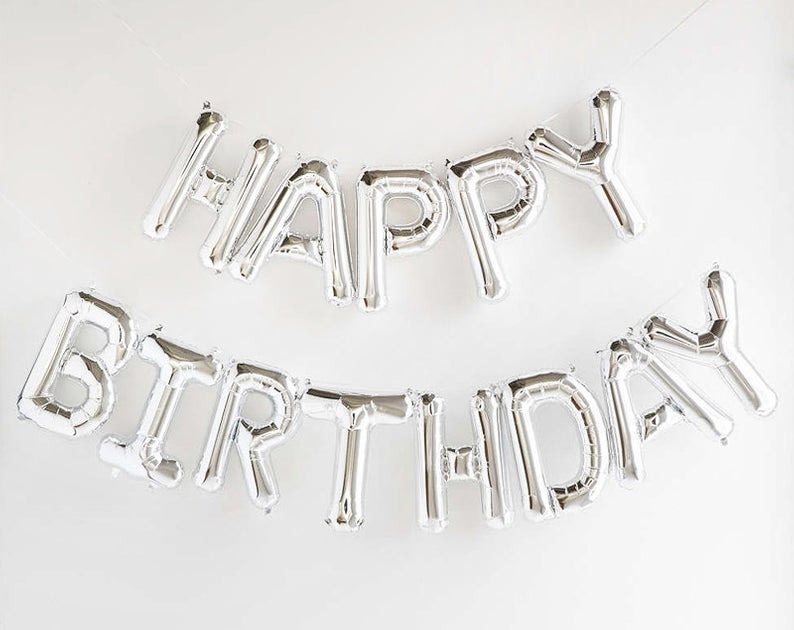 Bong bóng dây treo chữ Happy Birthday màu bạc