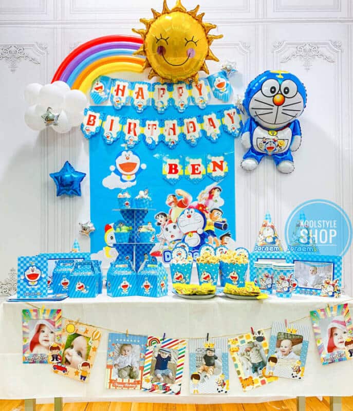 Combo set trang trí sinh nhật thôi nôi Doraemon