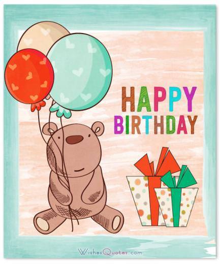 Thiệp đáng yêu với lời chúc sinh nhật cho bé trai, cho thấy một con gấu bông và bóng bay.