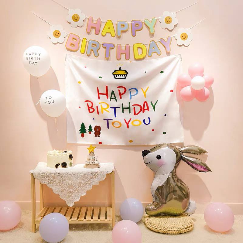 Set bóng trang trí sinh nhật thỏ ngọc backdrop vải