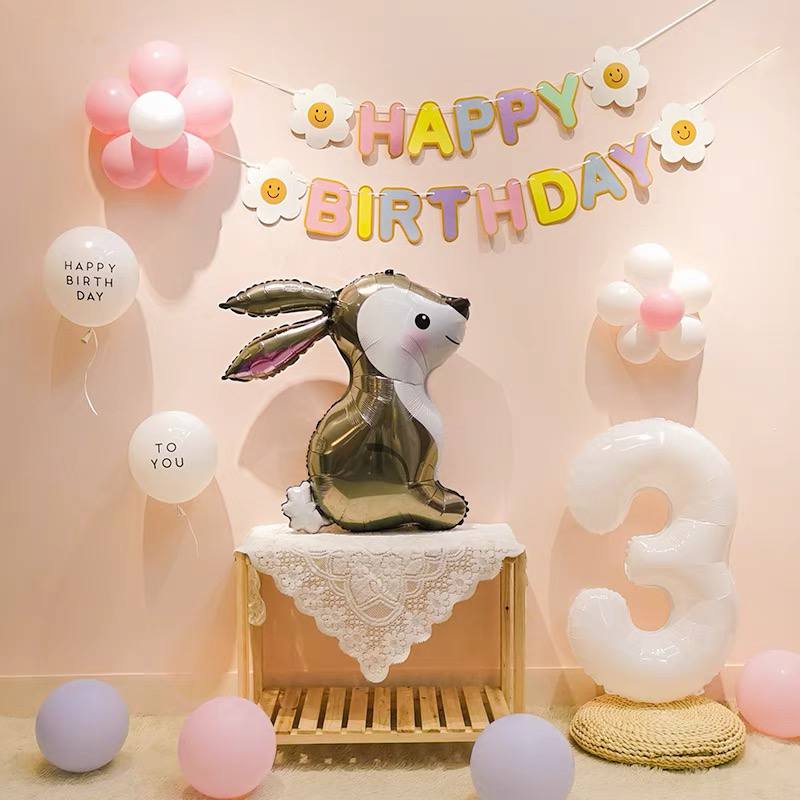 Set bóng trang trí sinh nhật thỏ ngọc dây happy birthday pastel