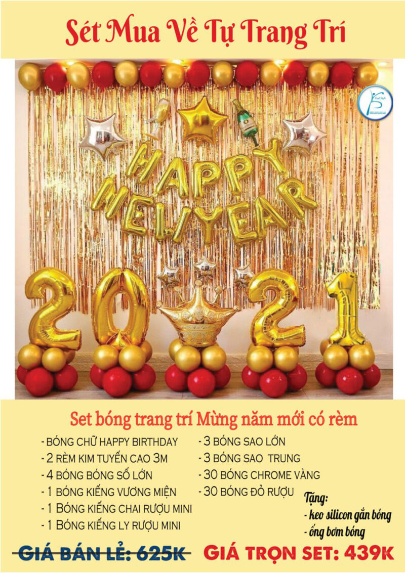 Set bóng trang trí chủ đề năm mới tone vàng đỏ