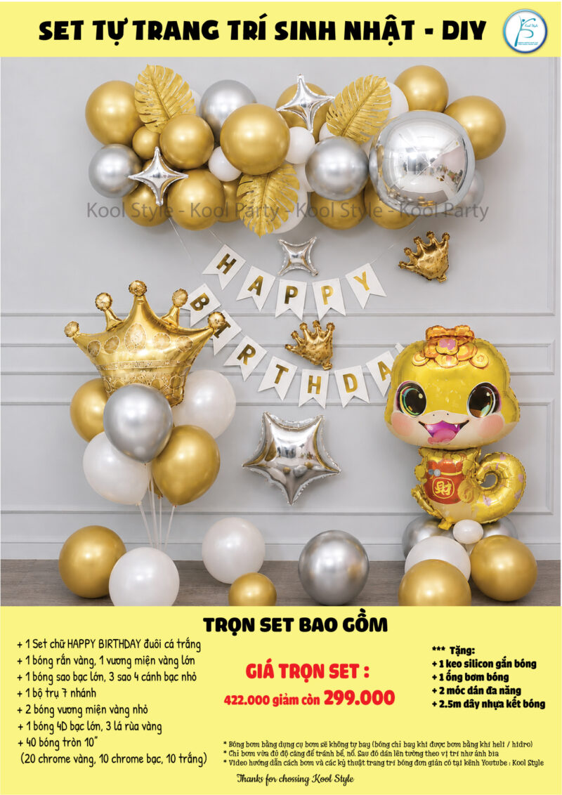 Set trang trí sinh nhật bé tuổi Rắn tone vàng ánh kim